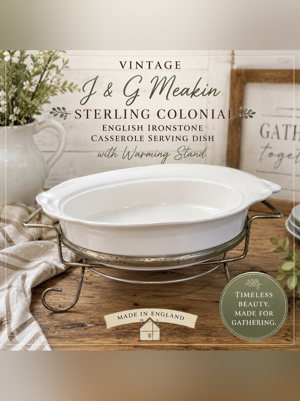 Vintage J&G Meakin Sterling Colonial English Ironstone Dish & Warming Stand
